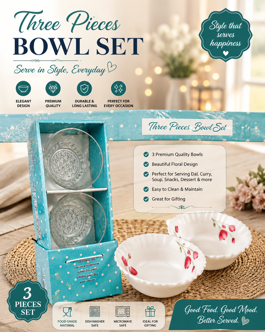Premium Three Pieces Glass Bowl Set