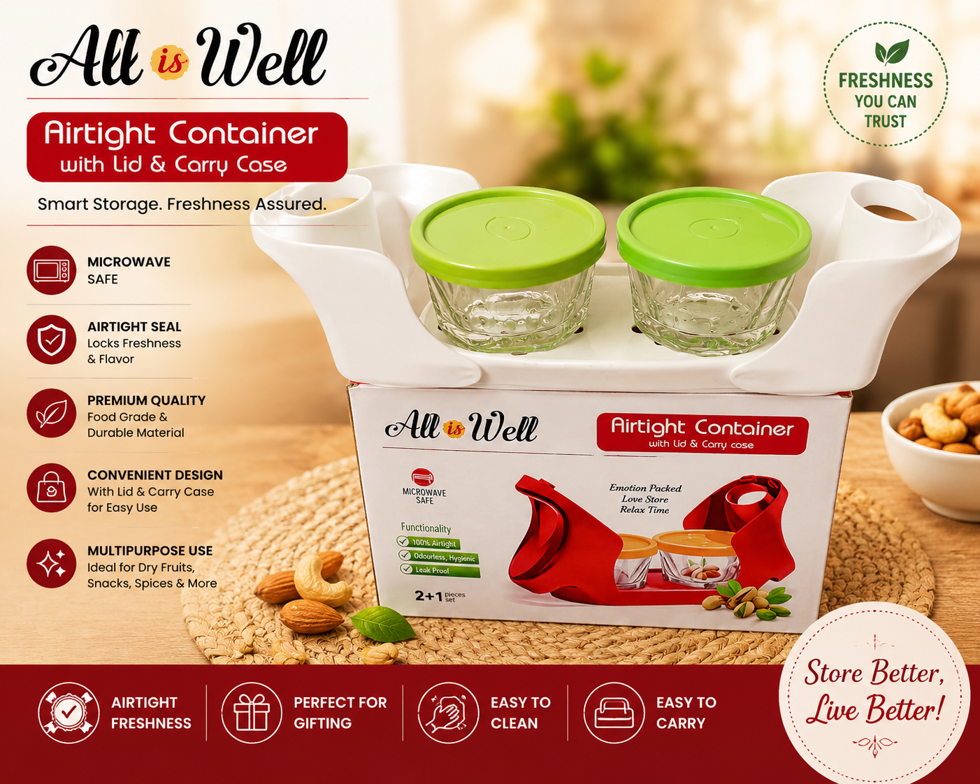 All is Well Airtight Glass Container Set with Carry Case (2+1 Pieces)