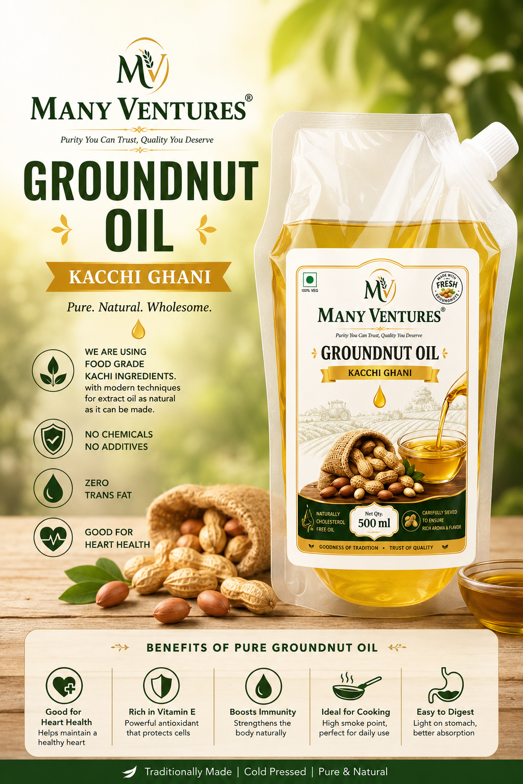 Groundnut unrefined cold pressed oil extracted from fresh groundnut 500 ml