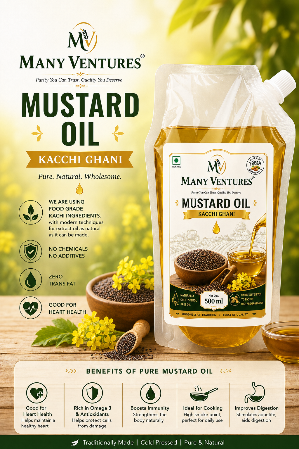 Unrefined mustard oil (सरसों) cold pressed, natural, from fresh mustard seeds 500 ml