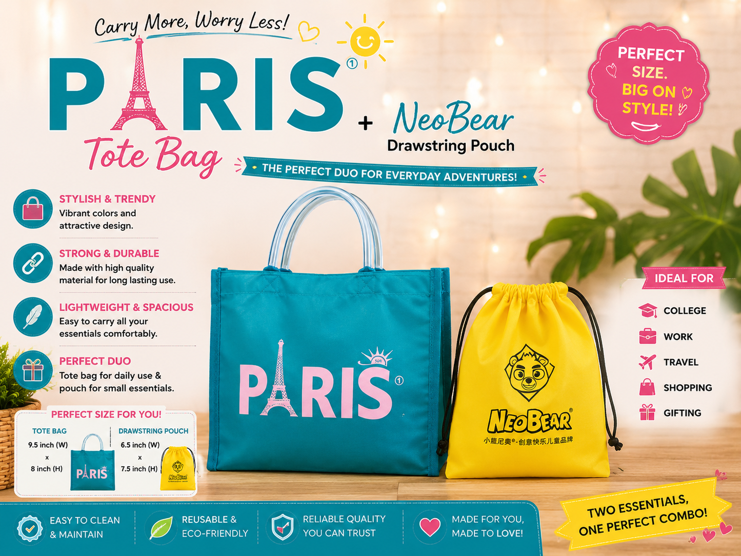 PARIS Mini Tote Bag + NeoBear Drawstring Pouch Combo
