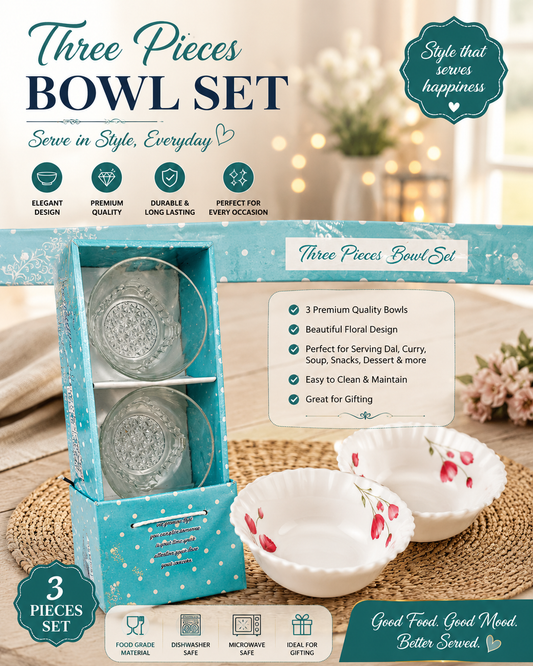 Premium Three Pieces Glass Bowl Set