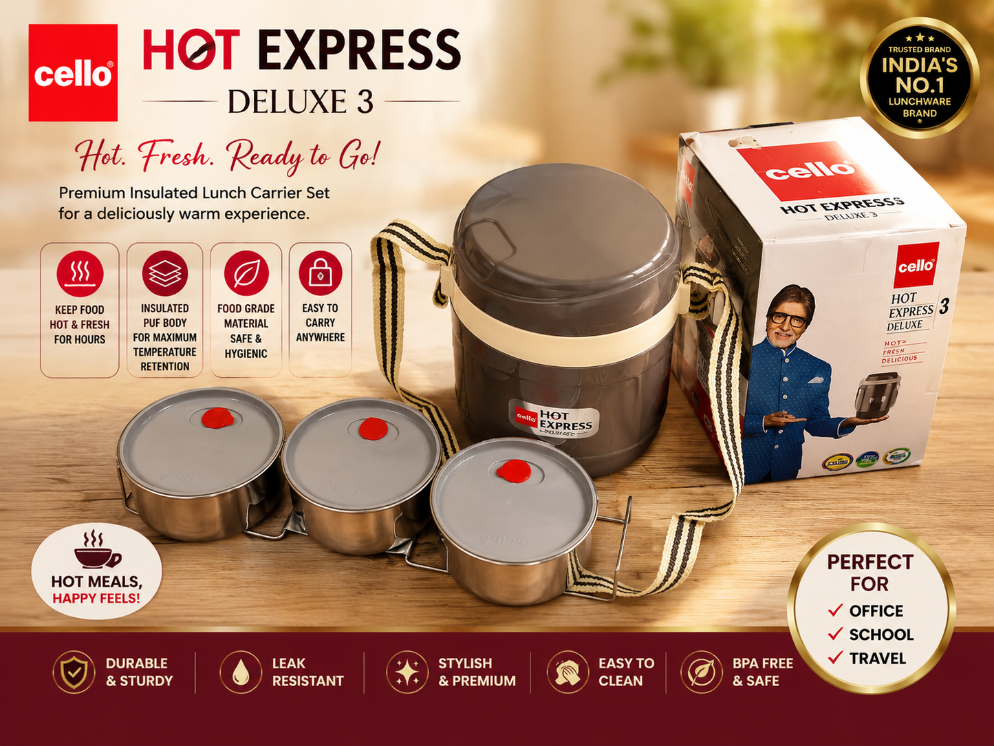 Cello Hot Express Deluxe 3 – Insulated Lunch Carrier Set