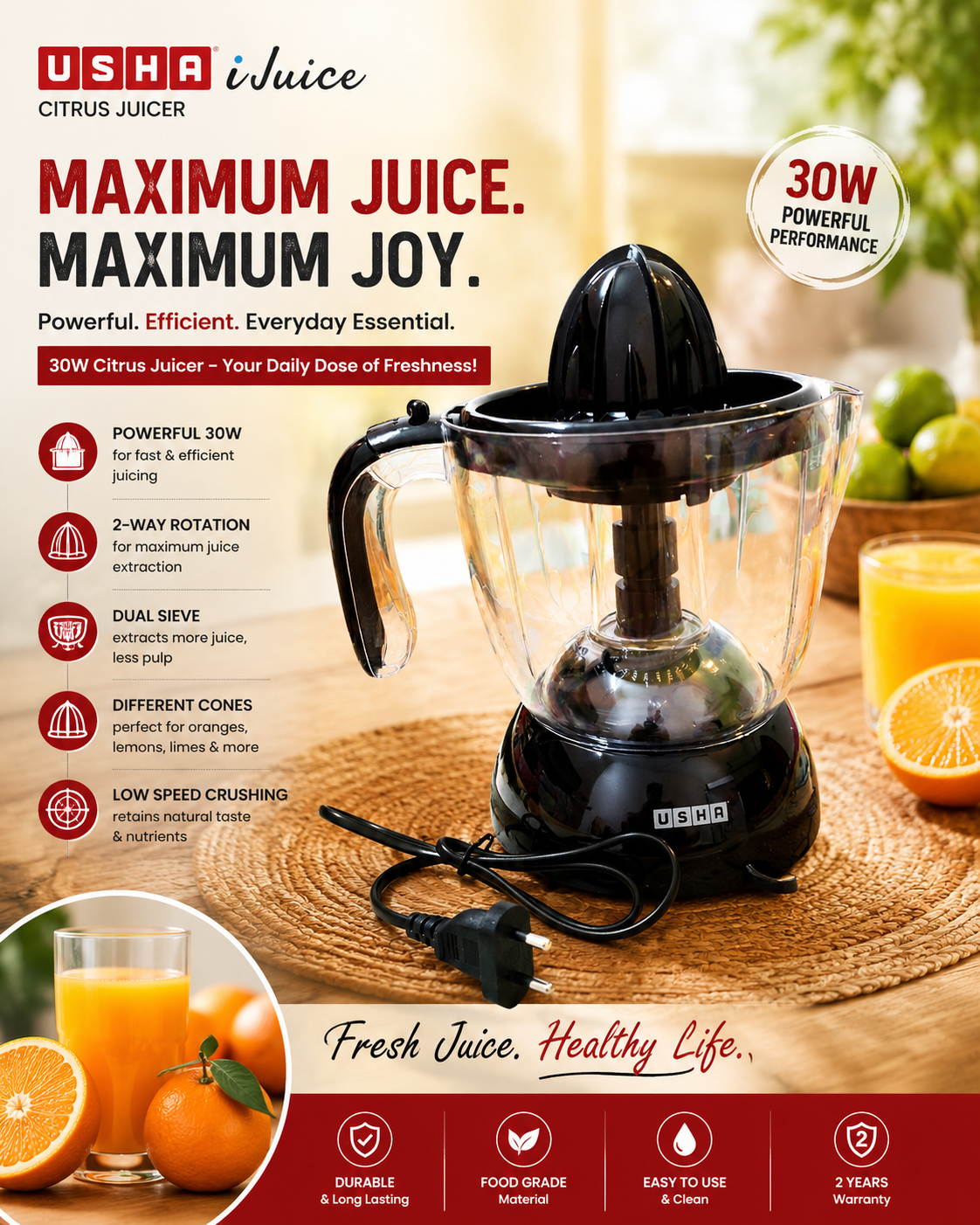 USHA iJuice Citrus Juicer – 30W Electric Juicer