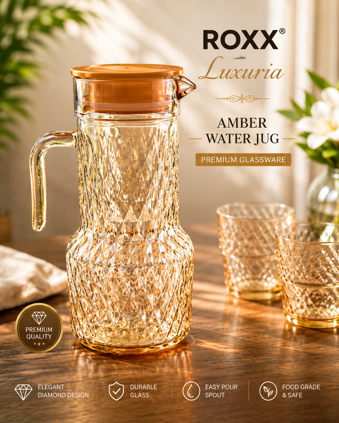 ROXX Luxuria Quinn Amber Beverage Set – Premium Glassware (5 Pieces)