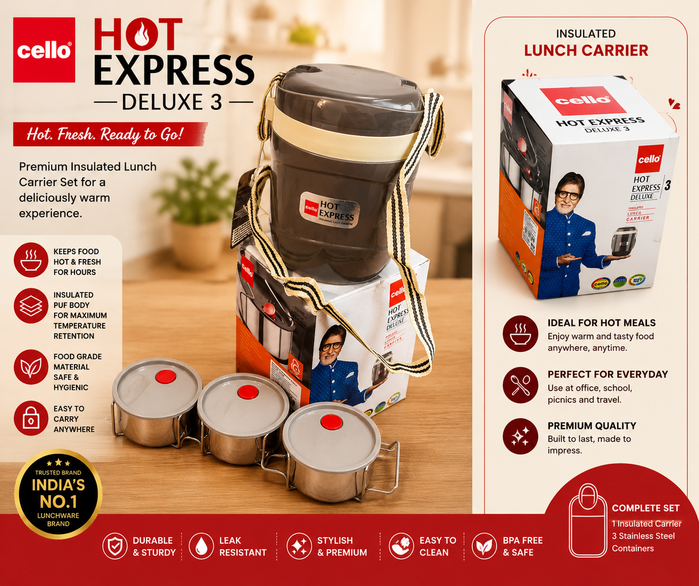 Cello Hot Express Deluxe 3 – Insulated Lunch Carrier Set