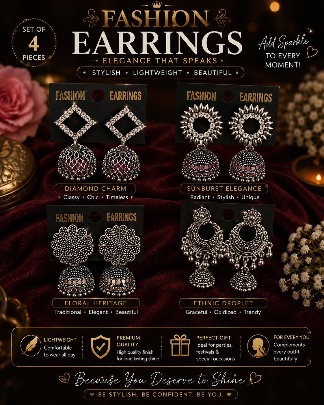 Elegant Fashion Earrings – Set of 4 Premium Combo Collection