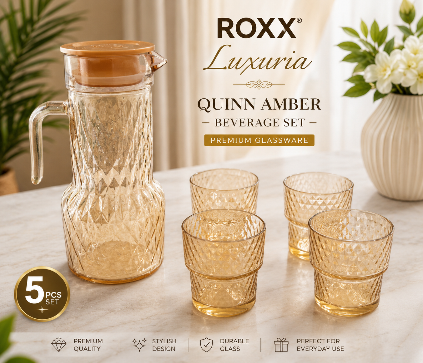 ROXX Luxuria Quinn Amber Beverage Set – Premium Glassware (5 Pieces)