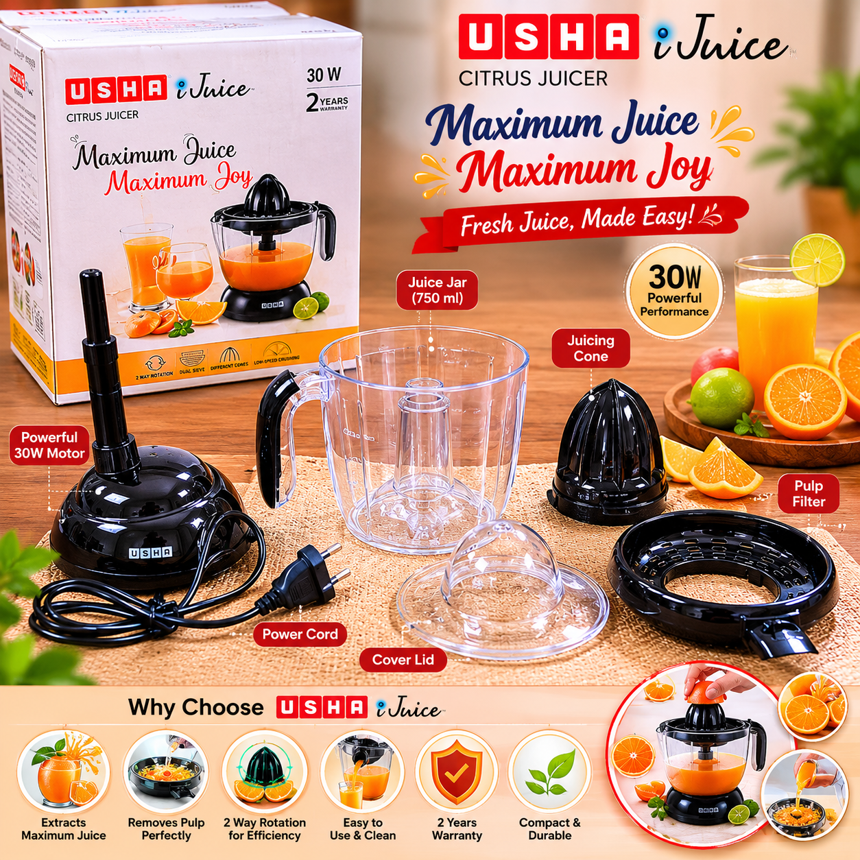 USHA iJuice Citrus Juicer – 30W Electric Juicer