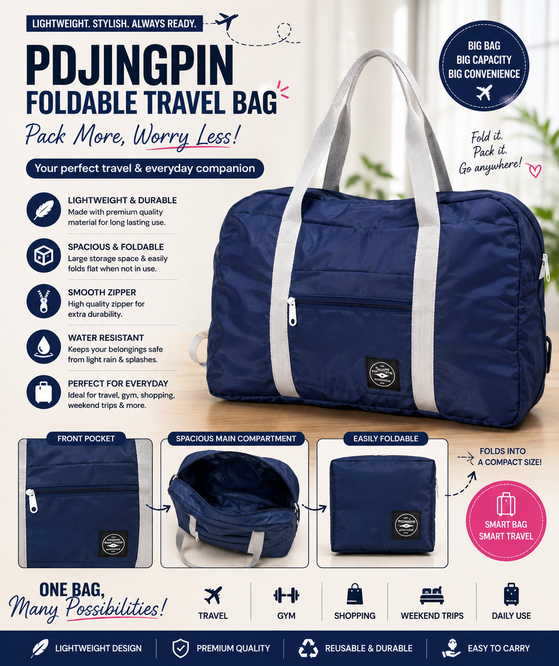 Foldable Travel Duffle Bag – Lightweight Multipurpose Carry Bag