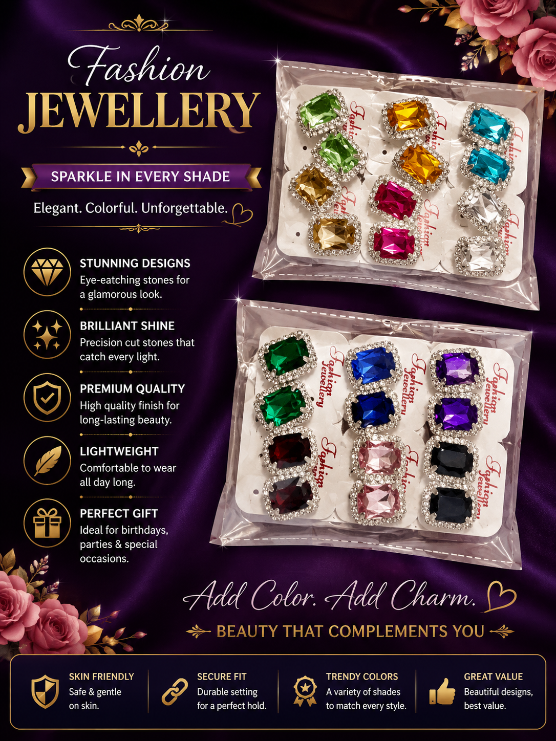 Crystal Spark Fashion Stud Earrings Set of 12 – Multicolor Collection