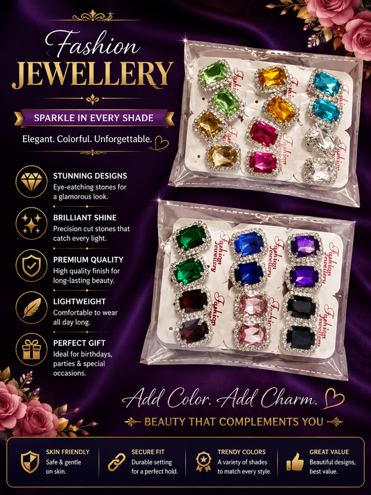 Crystal Spark Fashion Stud Earrings Set of 12 – Multicolor Collection