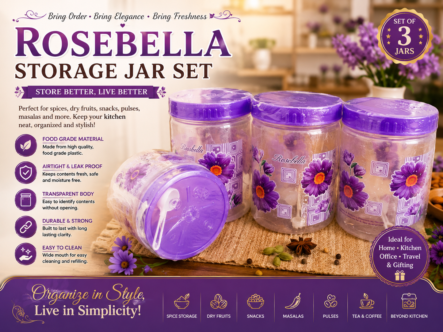Rosebella Premium Storage Jar Set – Pack of 3