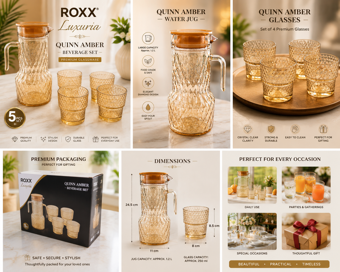 ROXX Luxuria Quinn Amber Beverage Set – Premium Glassware (5 Pieces)